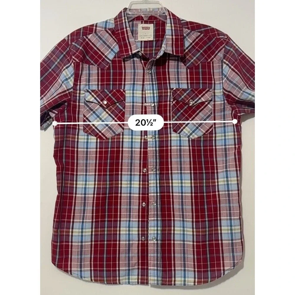 Levi's Strauss Shirt Mens Pearl Snap L Red Blue Plaid Western Cowboy Rodeo‎ SS